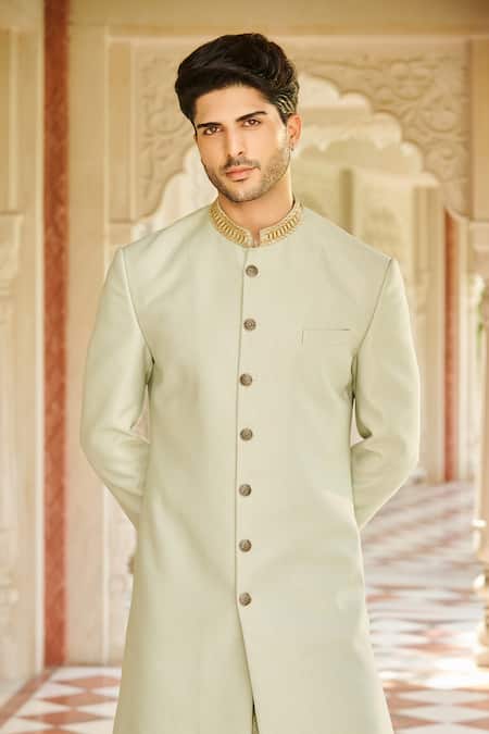 Buy_Contrast By Parth_Green Jacquard, Silk Embroidery Rehmat Button Down Sherwani Set _Online_at_Aza_Fashions