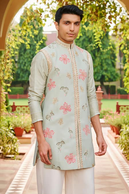 Buy_Contrast By Parth_Green Jacquard, Silk Embroidery, Metallic Pastel Kurta With Waistcoat Set _Online_at_Aza_Fashions