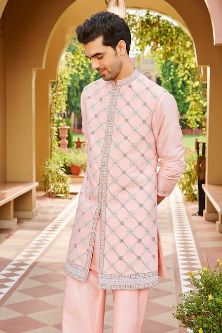 Contrast By Parth_Pink Silk Embroidery Light Kurta And Sleeveless Waistcoat Set _Online_at_Aza_Fashions