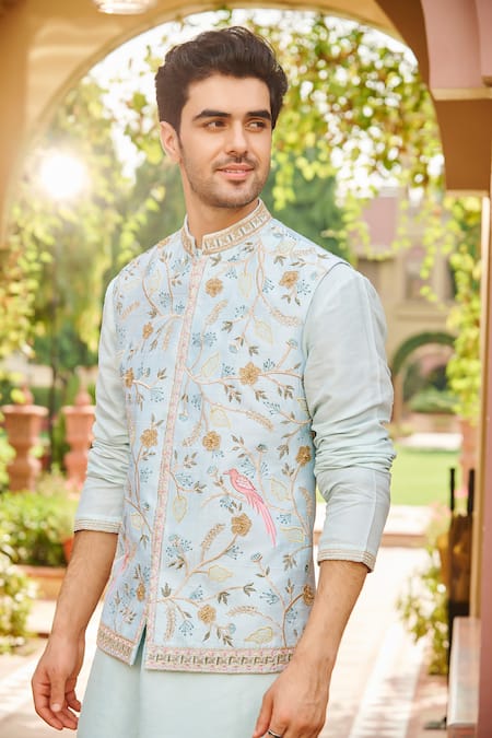Buy_Contrast By Parth_Blue Silk Embroidery Hunar Bundi Kurta Set _Online_at_Aza_Fashions