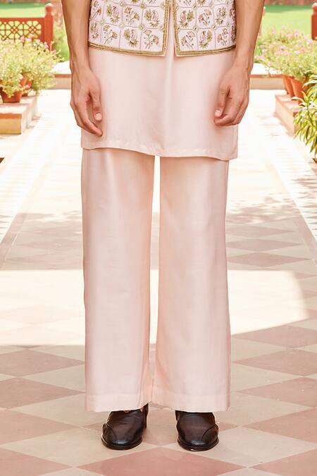 Contrast By Parth_Pink Silk Embroidery Bundi Kurta Set _Online_at_Aza_Fashions