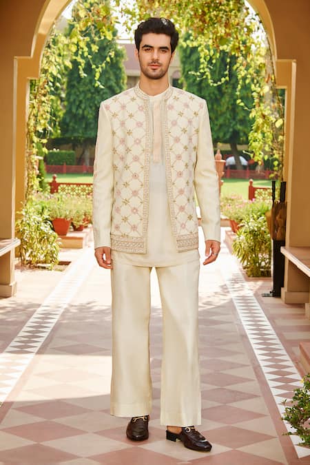 Contrast By Parth Beige Silk Embroidery, Metallic Thread Mehr Jacket And Kurta Set