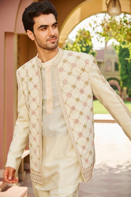 Contrast By Parth_Beige Silk Embroidery, Metallic Thread Mehr Jacket And Kurta Set _Online_at_Aza_Fashions