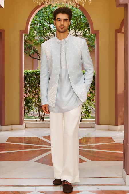 Contrast By Parth Blue Silk Embroidery Jacket And Kurta Set