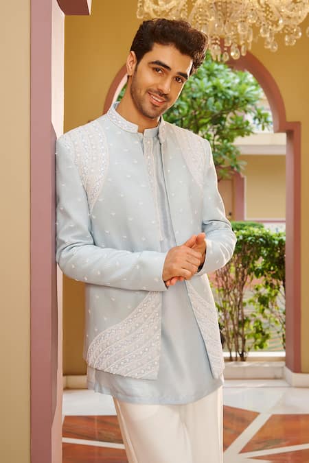 Contrast By Parth_Blue Silk Embroidery Jacket And Kurta Set _Online_at_Aza_Fashions