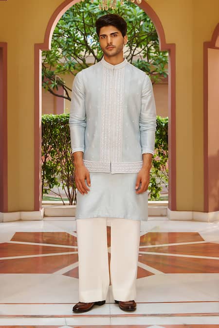 Contrast By Parth Blue Silk Embroidery Powder Bundi Kurta Set 