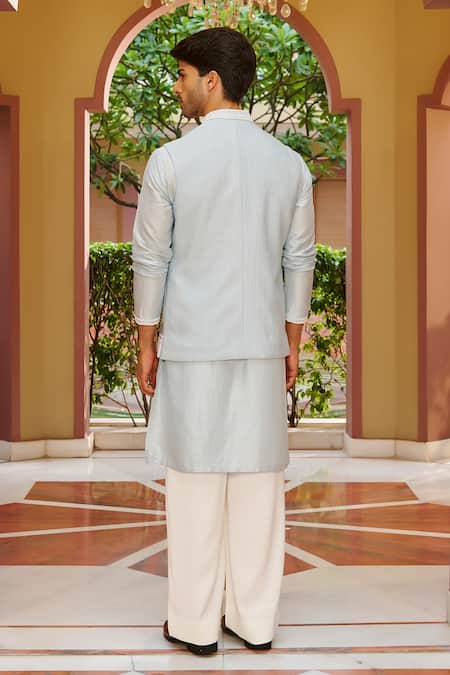 Contrast By Parth Embroidered Powder Blue Bundi Kurta Set 