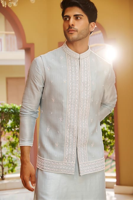 Buy_Contrast By Parth_Blue Silk Embroidery Powder Bundi Kurta Set _Online_at_Aza_Fashions