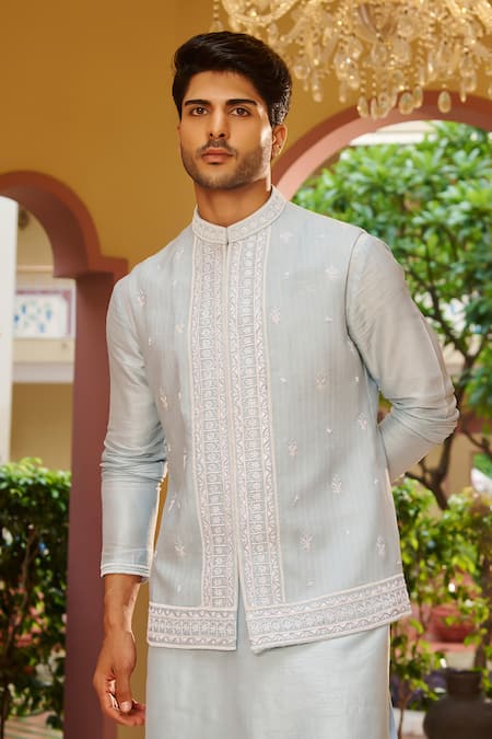 Shop_Contrast By Parth_Blue Silk Embroidery Powder Bundi Kurta Set _Online_at_Aza_Fashions