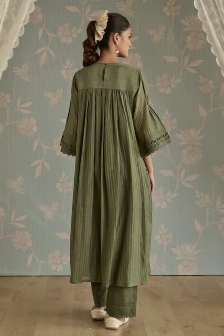 Shop Kritika Dawar Green Chanderi Embroidery, Lace Round Neck Rosa Self Stripe Floral Pattern Kurta at Aza Fashions Shop_Kritika Dawar_Green Chanderi Embroidery, Lace Round Neck Rosa Self Stripe Floral Pattern Kurta _at_Aza_Fashions