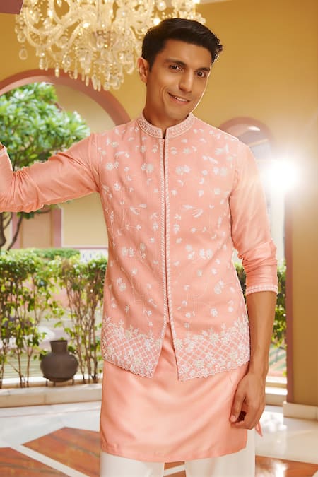 Buy_Contrast By Parth_Pink Silk Embroidery Sahiba Bundi Kurta Set _Online_at_Aza_Fashions