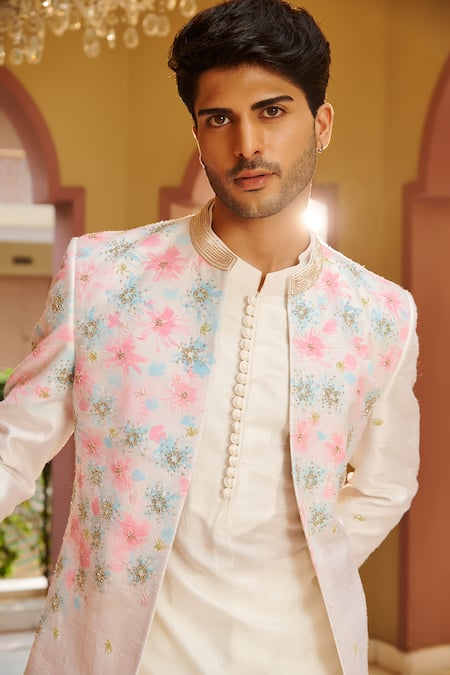 Contrast By Parth_Off White Silk Embroidery Jacket And Kurta Set _Online_at_Aza_Fashions