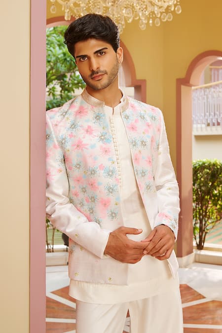 Buy_Contrast By Parth_Off White Silk Embroidery Jacket And Kurta Set _Online_at_Aza_Fashions
