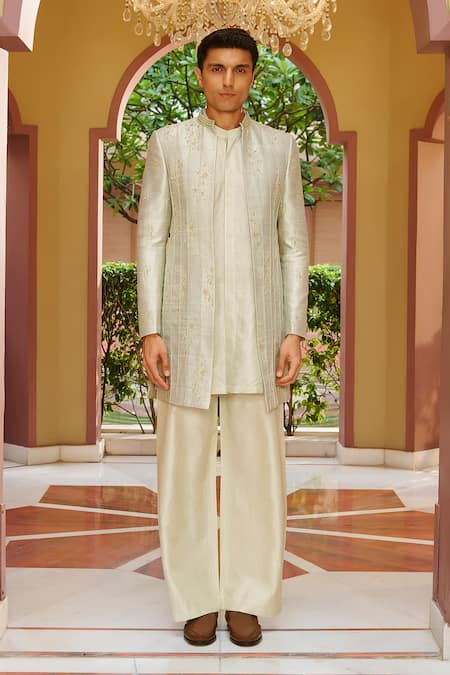 Contrast By Parth Green Silk Embroidery Sage Sherwani Pant Set 