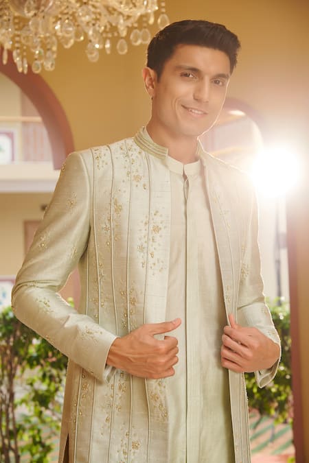 Contrast By Parth_Green Silk Embroidery Sage Sherwani Pant Set _Online_at_Aza_Fashions