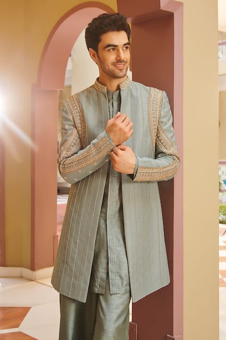 Contrast By Parth_Green Jacquard, Silk Embroidery Muted Sage Sherwani Pant Set _Online_at_Aza_Fashions