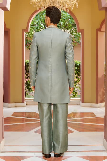 Contrast By Parth Muted Sage Green Sherwani Pant Set 