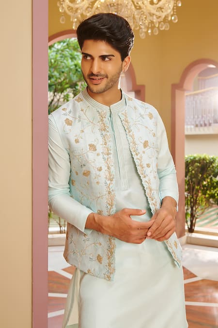 Buy_Contrast By Parth_Blue Silk Zari Embroidered Bundi Kurta Set _Online_at_Aza_Fashions