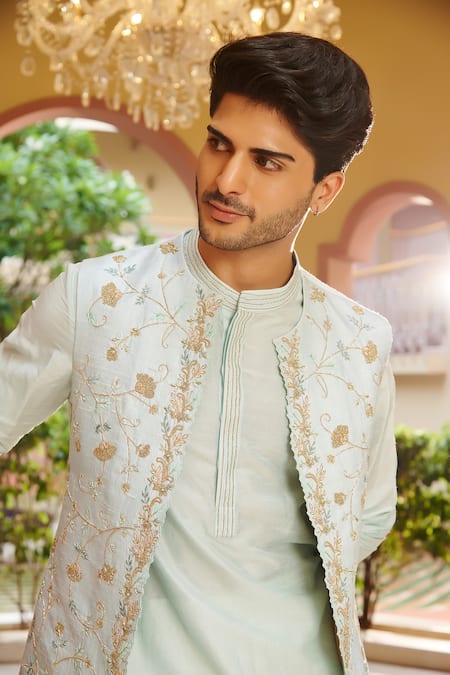 Shop_Contrast By Parth_Blue Silk Zari Embroidered Bundi Kurta Set _Online_at_Aza_Fashions