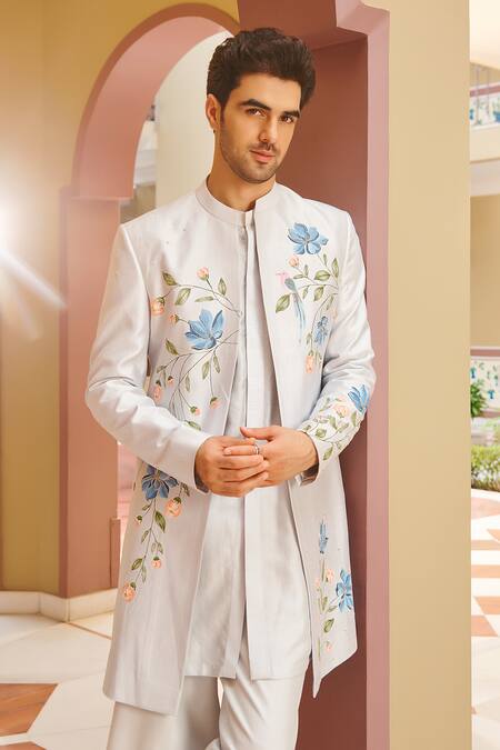 Contrast By Parth_White Silk Embroidery Sherwani Set _Online_at_Aza_Fashions