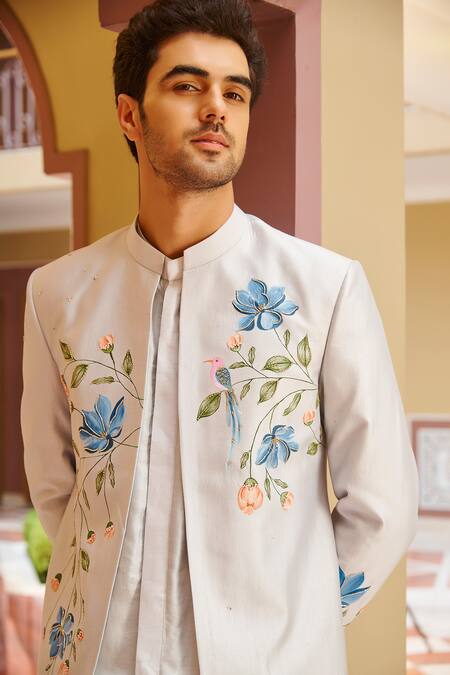 Buy_Contrast By Parth_White Silk Embroidery Sherwani Set _Online_at_Aza_Fashions