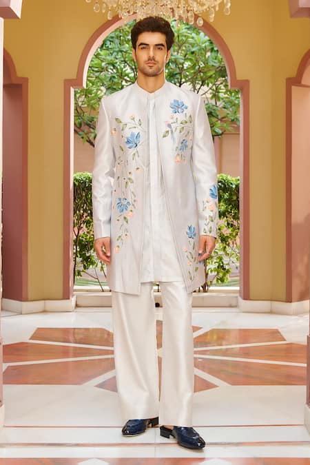 Contrast By Parth White Silk Embroidery Sherwani Set