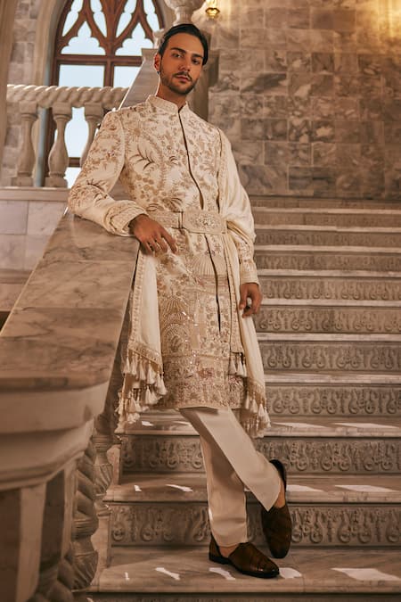 Jigar & Nikita_Ivory Vegan Silk, Chanderi Silk, Linen, Satin The Kingdom Work Sherwani Set _Online_at_Aza_Fashions
