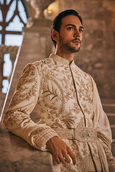 Buy_Jigar & Nikita_Ivory Vegan Silk, Chanderi Silk, Linen, Satin The Kingdom Work Sherwani Set _Online_at_Aza_Fashions
