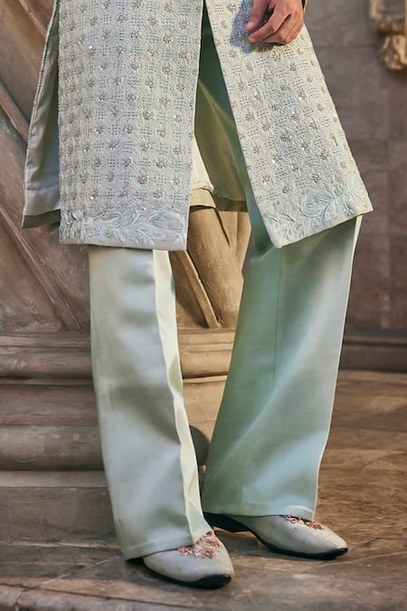 Jigar & Nikita_Mint Silk, Linen, Satin Embroidery Mirage Sherwani Set _Online_at_Aza_Fashions