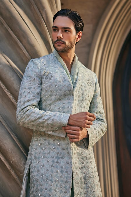 Buy_Jigar & Nikita_Mint Silk, Linen, Satin Embroidery Mirage Sherwani Set _Online_at_Aza_Fashions