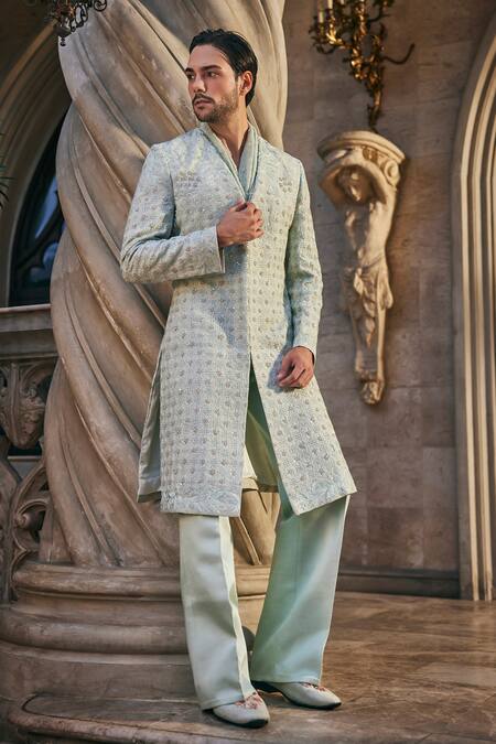 Shop_Jigar & Nikita_Mint Silk, Linen, Satin Embroidery Mirage Sherwani Set _Online_at_Aza_Fashions