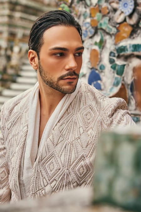 Buy_Jigar & Nikita_Ivory Silk, Chanderi Silk, Linen, Satin Embroidery Wispers Of Wat Sherwani Set _Online_at_Aza_Fashions