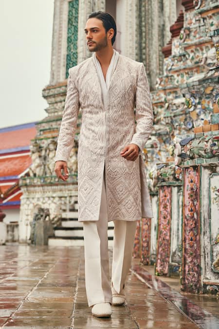 Jigar & Nikita Ivory Silk, Chanderi Silk, Linen, Satin Embroidery Wispers Of Wat Sherwani Set