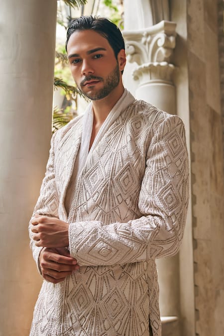 Jigar & Nikita_Ivory Silk, Chanderi Silk, Linen, Satin Embroidery Wispers Of Wat Sherwani Set _at_Aza_Fashions
