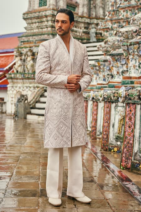Buy_Jigar & Nikita_Ivory Silk, Chanderi Silk, Linen, Satin Embroidery Wispers Of Wat Sherwani Set 