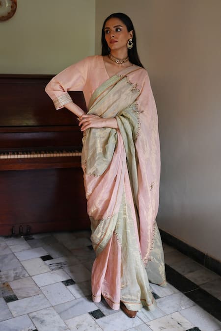 Shorshe Clothing Pink Zari Hand Embroidered Saree 
