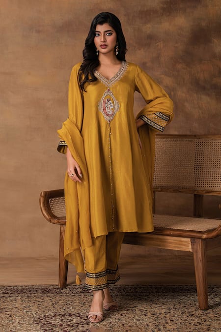 Isha Gupta Tayal Golden Yellow Silk Embroidered Kurta Set