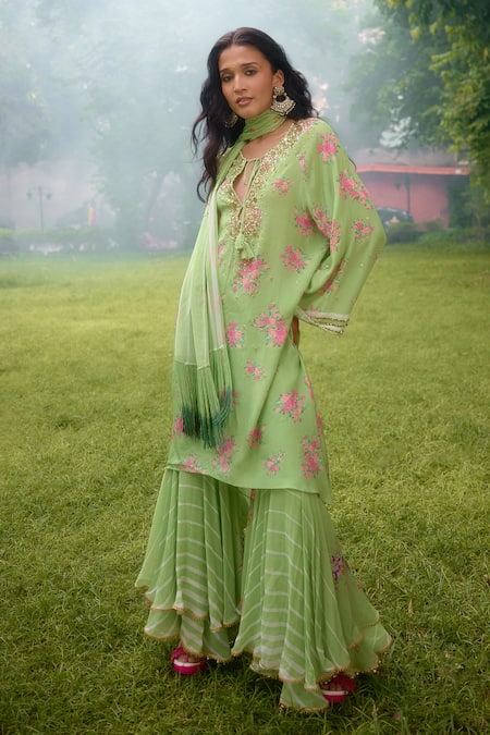 Nikasha Lime Georgette Embroidery Round Neck Dilkush Floral Print Kurta Sharara Set