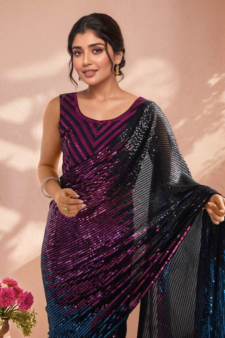 Buy_Samyukta Singhania_Black Georgette Sequins Embroidered Saree With Unstitched Blouse Piece _Online_at_Aza_Fashions
