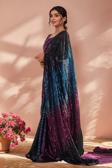 Shop_Samyukta Singhania_Black Georgette Sequins Embroidered Saree With Unstitched Blouse Piece _Online_at_Aza_Fashions