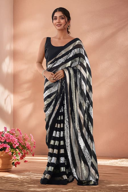 Samyukta Singhania Black Georgette Sequins Embroidered Saree With Unstitched Blouse Piece