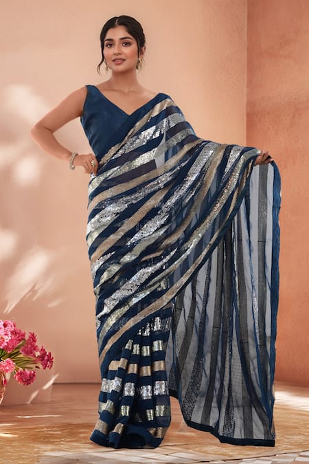 Buy_Samyukta Singhania_Blue Georgette Sequins Embroidered Saree With Unstitched Blouse Piece_Online_at_Aza_Fashions