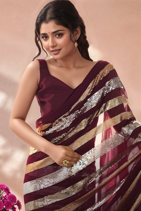 Samyukta Singhania_Wine Georgette Sequins Embroidered Saree With Unstitched Blouse Piece_Online_at_Aza_Fashions