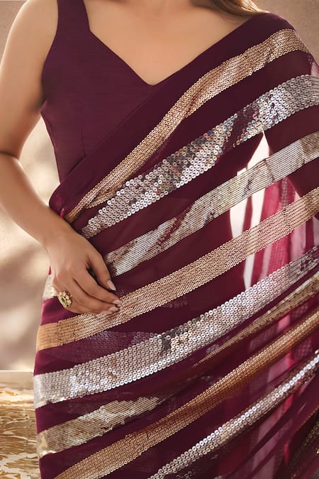 Shop_Samyukta Singhania_Wine Georgette Sequins Embroidered Saree With Unstitched Blouse Piece_Online_at_Aza_Fashions