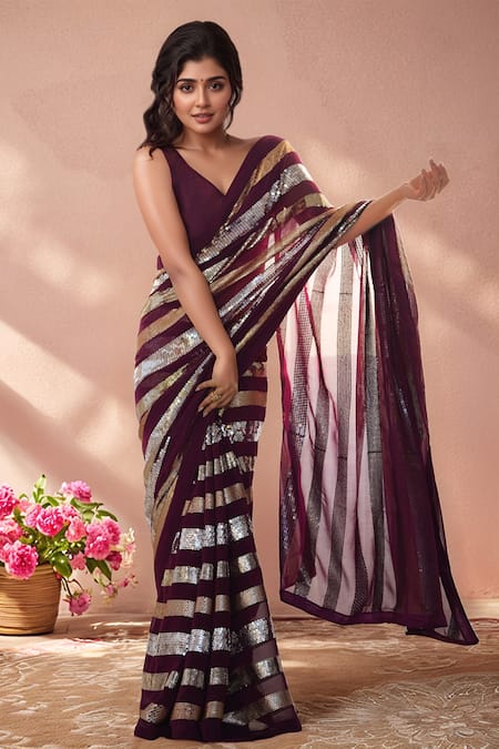 Samyukta Singhania_Wine Georgette Sequins Embroidered Saree With Unstitched Blouse Piece_at_Aza_Fashions