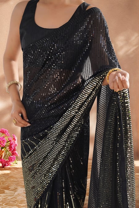 Shop_Samyukta Singhania_Black Georgette Sequins Embroidered Saree With Unstitched Blouse Piece _Online_at_Aza_Fashions