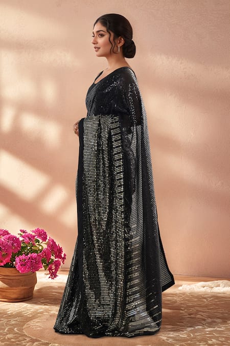 Samyukta Singhania_Black Georgette Sequins Embroidered Saree With Unstitched Blouse Piece _at_Aza_Fashions