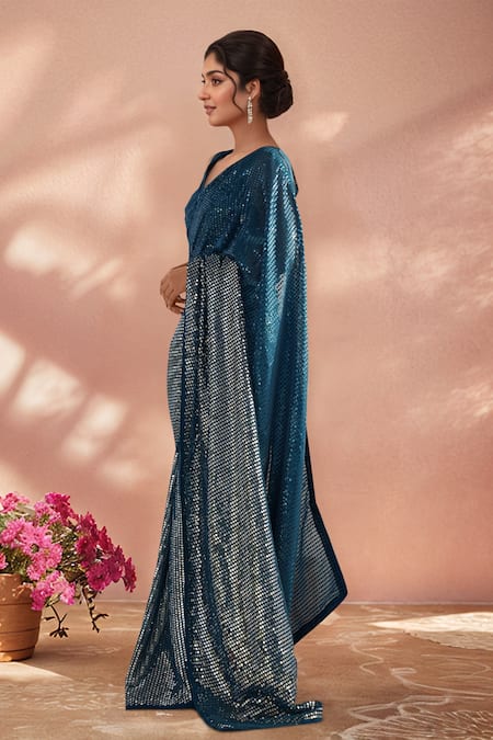 Samyukta Singhania_Blue Georgette Sequins Embroidered Saree With Unstitched Blouse Piece _Online_at_Aza_Fashions