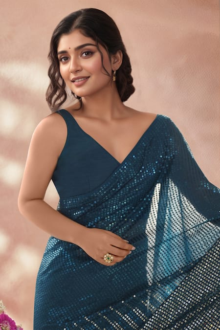 Buy_Samyukta Singhania_Blue Georgette Sequins Embroidered Saree With Unstitched Blouse Piece _Online_at_Aza_Fashions