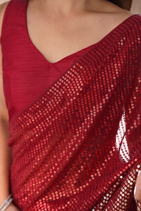 Samyukta Singhania_Red Georgette Sequins Embroidered Saree With Unstitched Blouse Piece _Online_at_Aza_Fashions
